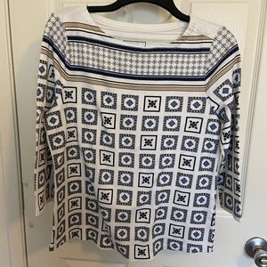 Top, 3/4 sleeve, 100% cotton, white and blue